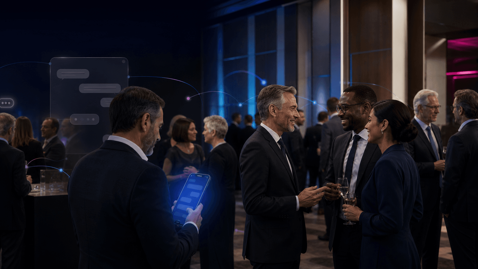 Senior banking professionals networking at an event supported by a discreet digital concierge