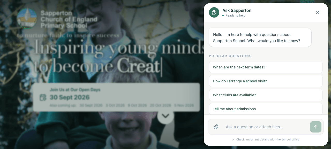 Ask Sapperton open on the school website, offering help with term dates, school visits, clubs and admissions.